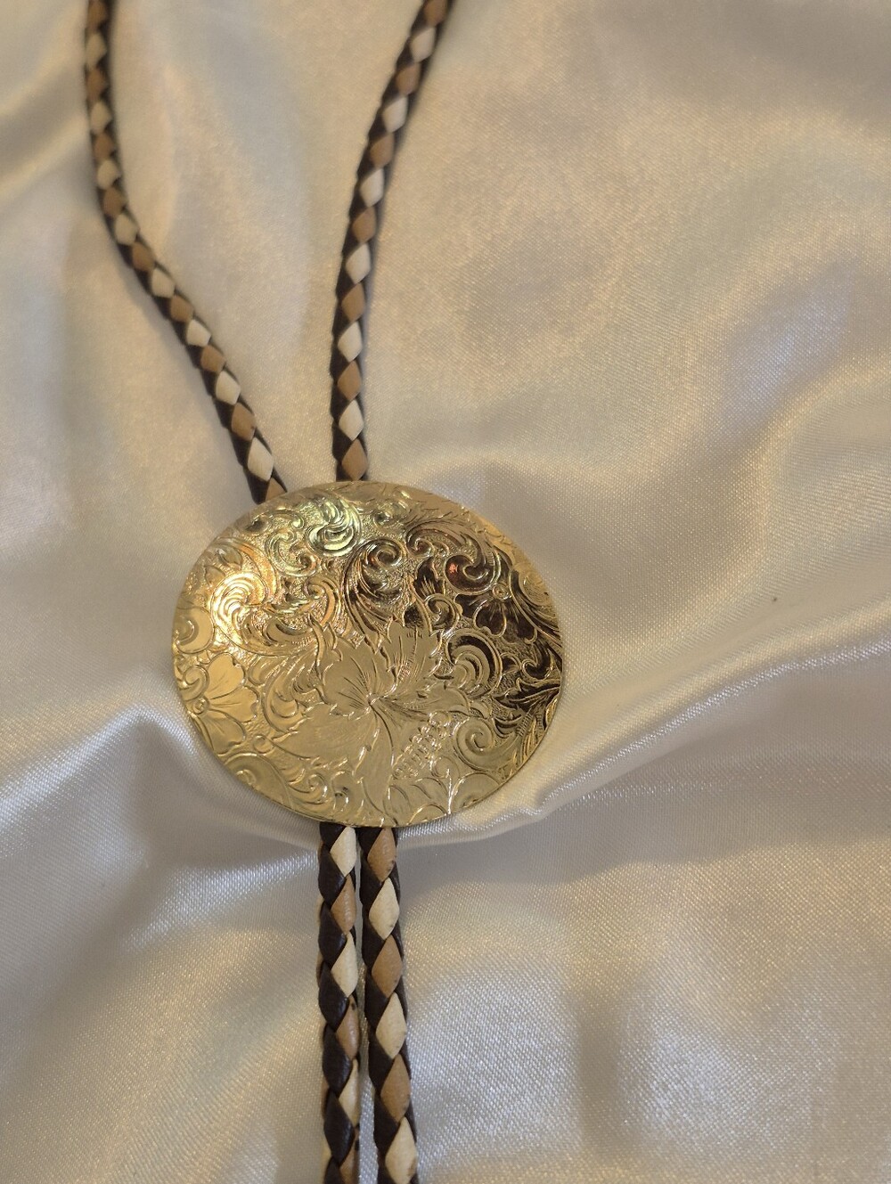 Gold Engraved Round (Hat Clip) Slide Pendant Bolo Necklace - Repurposed Jewelry